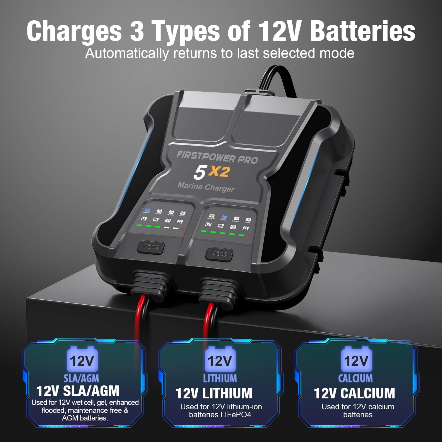 2 Bank Marine Battery Charger 5X2, 10A (5A\/Bank) - 12V Waterproof Onboard Battery Charger, Battery Maintainer & Desulfator for SLA\/AGM, Lithium (LiFePO4), Calcium & Deep-Cycle Battery- Charged 24\/7 - Image 4