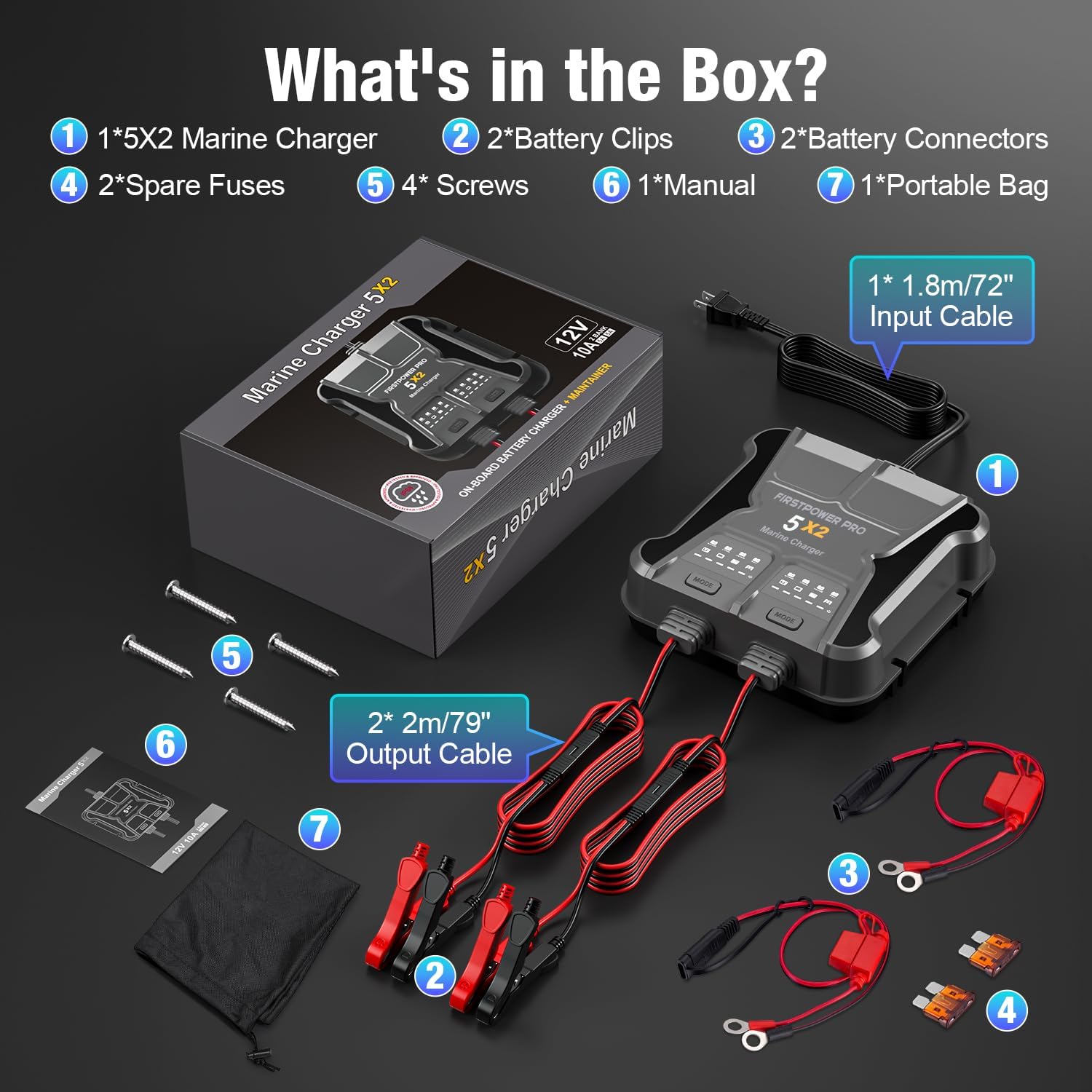 2 Bank Marine Battery Charger 5X2, 10A (5A\/Bank) - 12V Waterproof Onboard Battery Charger, Battery Maintainer & Desulfator for SLA\/AGM, Lithium (LiFePO4), Calcium & Deep-Cycle Battery- Charged 24\/7 - Image 9