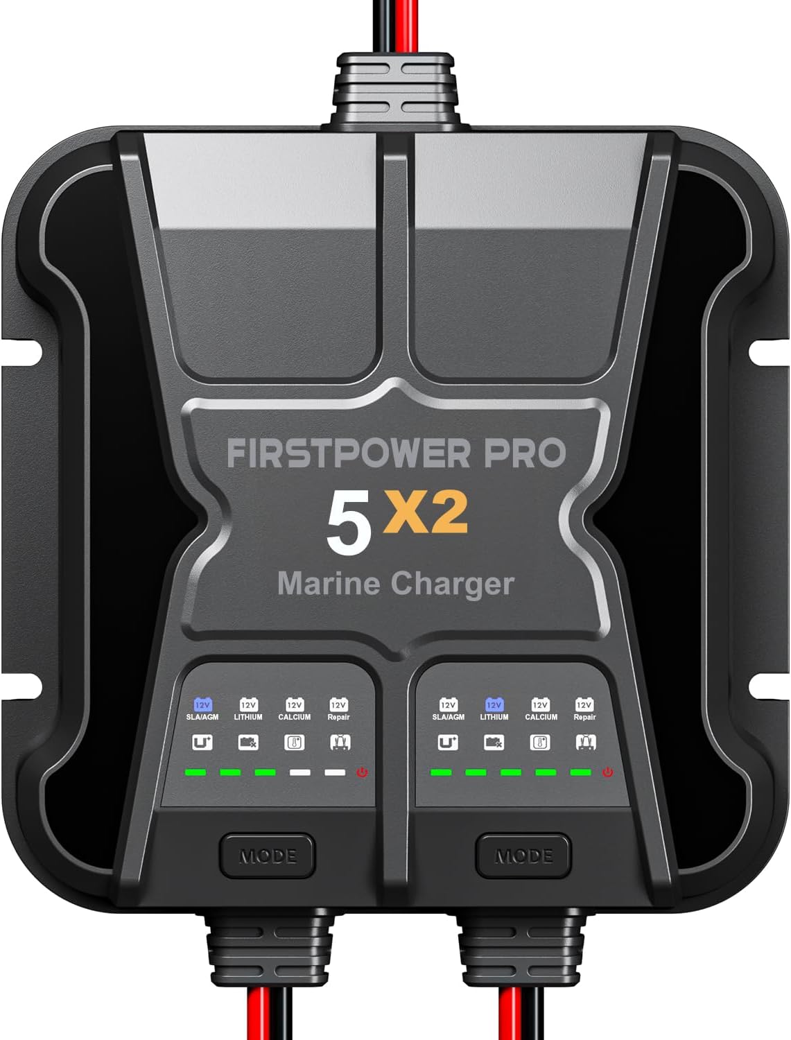 2 Bank Marine Battery Charger 5X2, 10A (5A\/Bank) - 12V Waterproof Onboard Battery Charger, Battery Maintainer & Desulfator for SLA\/AGM, Lithium (LiFePO4), Calcium & Deep-Cycle Battery- Charged 24\/7