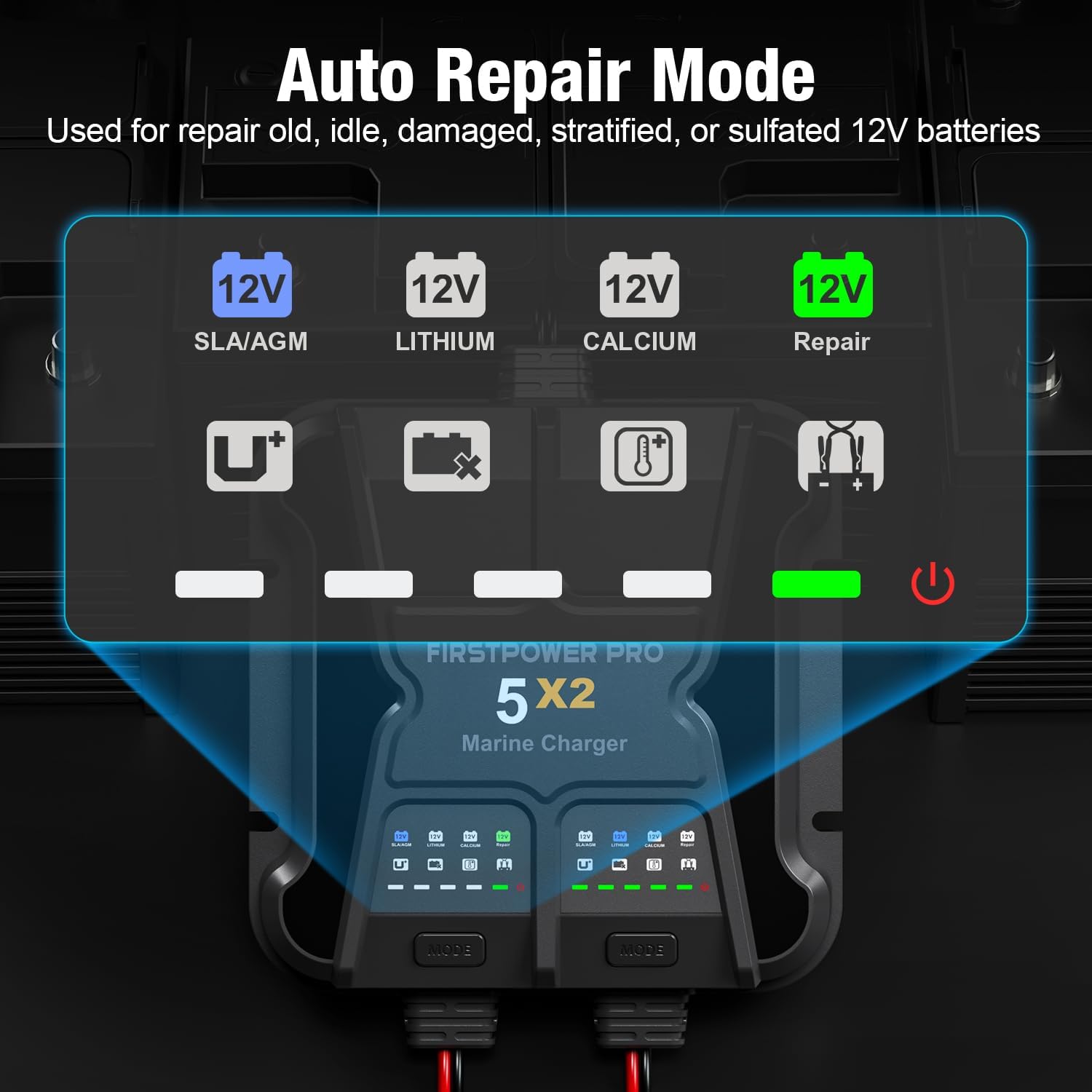 2 Bank Marine Battery Charger 5X2, 10A (5A\/Bank) - 12V Waterproof Onboard Battery Charger, Battery Maintainer & Desulfator for SLA\/AGM, Lithium (LiFePO4), Calcium & Deep-Cycle Battery- Charged 24\/7 - Image 7