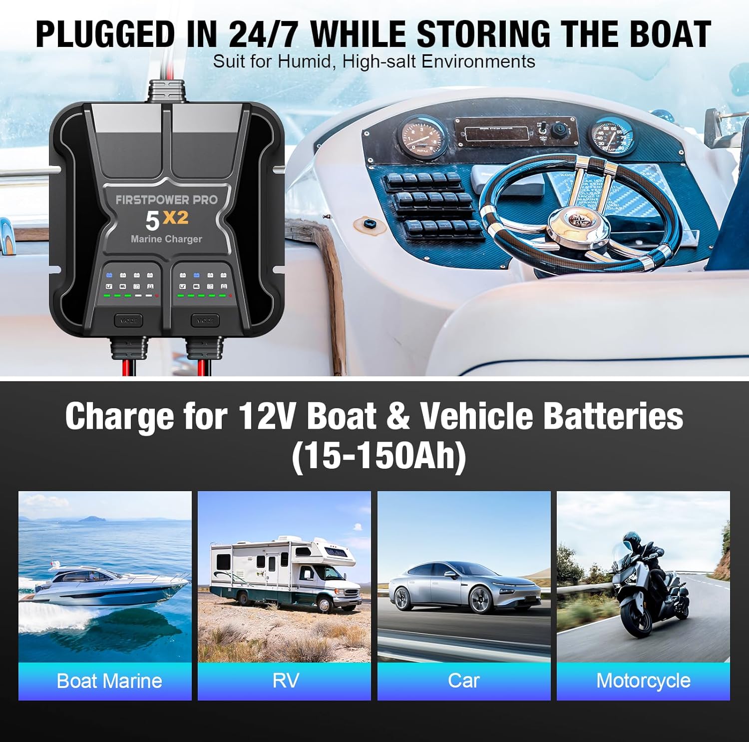 2 Bank Marine Battery Charger 5X2, 10A (5A\/Bank) - 12V Waterproof Onboard Battery Charger, Battery Maintainer & Desulfator for SLA\/AGM, Lithium (LiFePO4), Calcium & Deep-Cycle Battery- Charged 24\/7 - Image 5