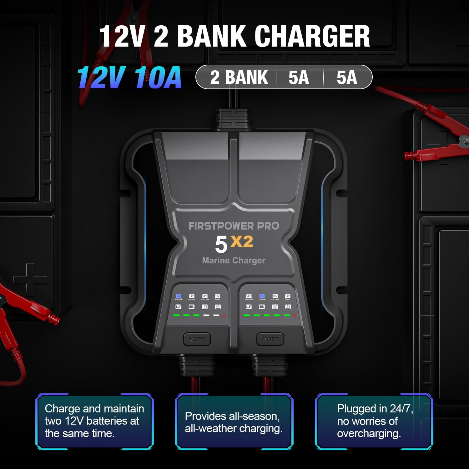 2 Bank Marine Battery Charger 5X2, 10A (5A\/Bank) - 12V Waterproof Onboard Battery Charger, Battery Maintainer & Desulfator for SLA\/AGM, Lithium (LiFePO4), Calcium & Deep-Cycle Battery- Charged 24\/7 - Image 2
