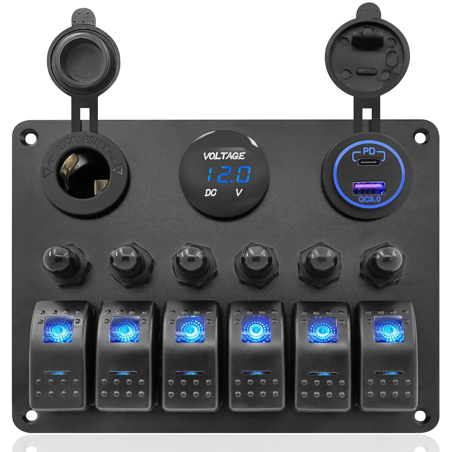 Aluminum 6 Gang Marine Rocker Switch Panel Waterproof for Boat Circuit Breaker Protected, Digital Voltage Display, PD QC3.0 USB Port,12V DC Power Socket for Trailer Bus Car Truck RV Vehicles Yacht