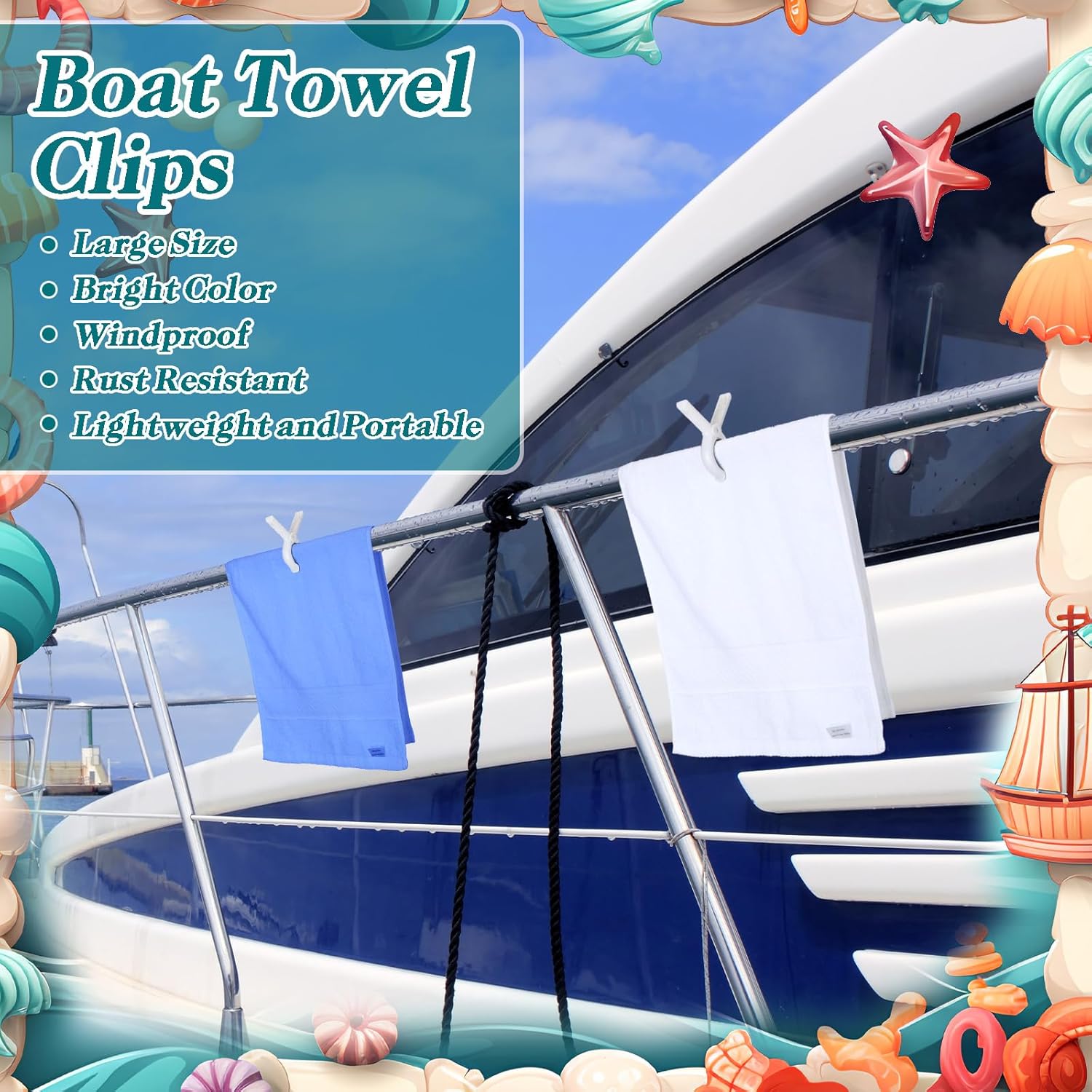 Hushee 8 Pack Marine Boat Rail Towel Clips Storm Proof Large Clips Pontoon Boat Towel Organizer Multi-Purpose Outdoor Laundry for Beach Pontoon Fishing Cruise Travel - Image 3