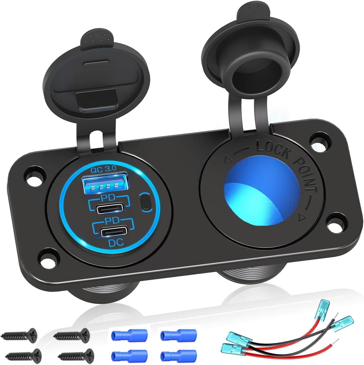 Upgraded 78W 3 Port 12V 24V USB Outlet Cigarette Lighter Socket Panel, Dual 30W PD and QC3.0 Multi Port Cylinder Charger with Button Switch and 150W Lighted Socket 2 in 1 DIY Kit for Car Boat RV, etc.